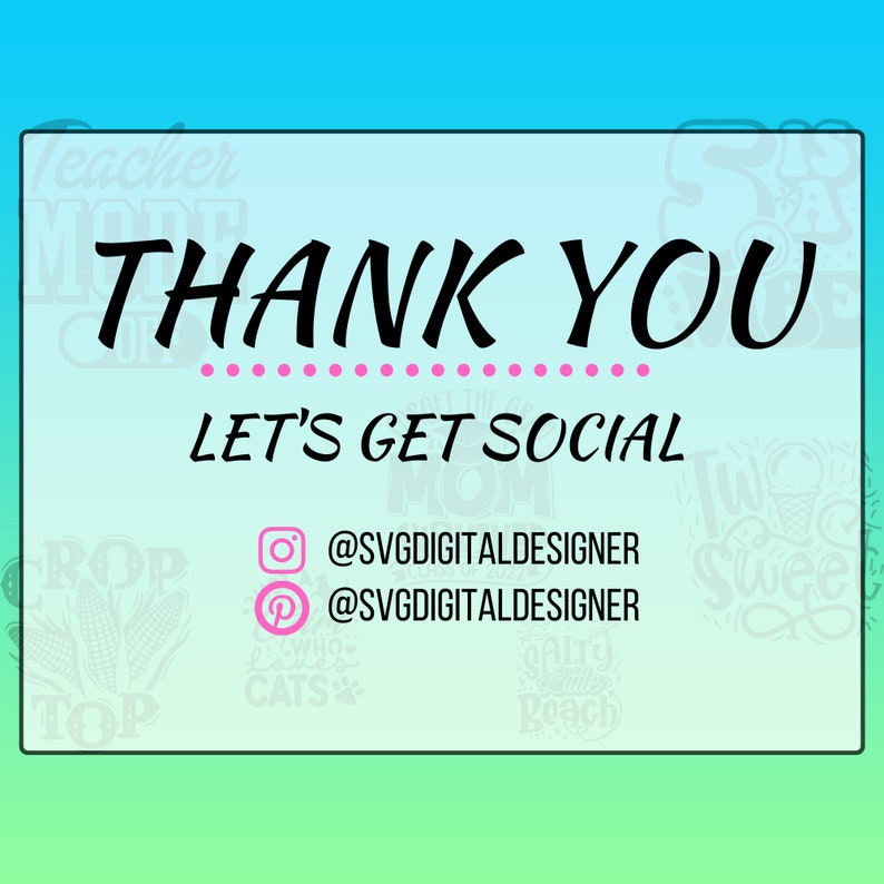 Może przedstawiać: R&oacute;żowo-czarna grafika z tekstem "THANK YOU" i "LET'S GET SOCIAL".  Ikony medi&oacute;w społecznościowych dla Instagrama i Pinteresta z nazwą użytkownika "@SVGDIGITALDESIGNER".