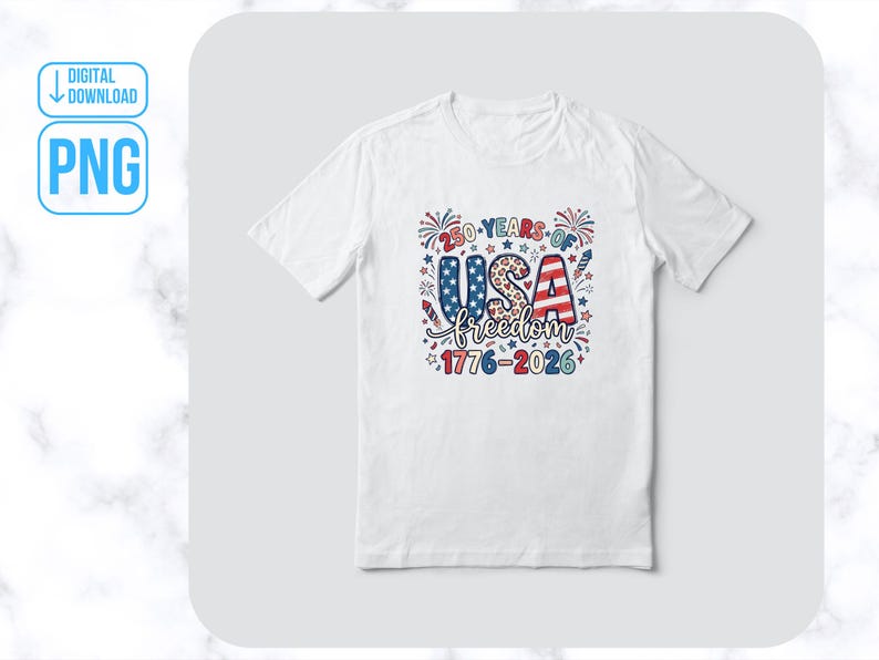 May include: White t-shirt featuring a patriotic design celebrating 250 years of USA freedom. The graphic includes the text "250 Years of USA freedom 1776-2026" in red, white, and blue, with stars, fireworks, and a leopard print pattern.