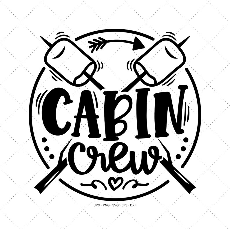 May include: Black and white illustration of two crossed sticks with marshmallows on the ends, a circle around them with the text "CABIN CREW" inside.