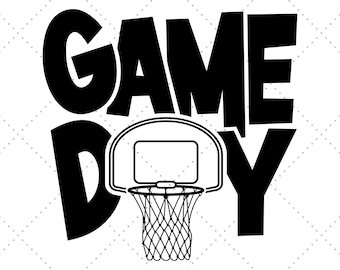 May include: Black and white graphic with the words "GAME DAY" in bold letters. A basketball hoop with a net is centered below the text. The background is white with a subtle dotted pattern.