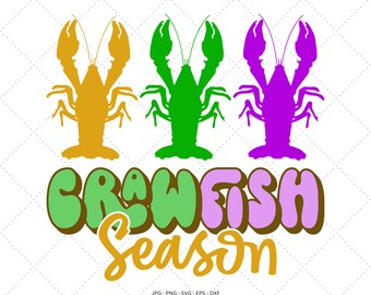 May include: Three crawfish silhouettes in yellow, green, and purple, with the text "Crawfish Season" in green, purple, and brown.