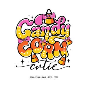 Może przedstawiać: Kolorowy projekt graficzny z napisem "Candy Corn cutie" w kolorze pomarańczowym, żółtym i różowym. Projekt zawiera ilustracje cukierków kukurydzianych i kokardki, idealny na produkty związane z Halloween.