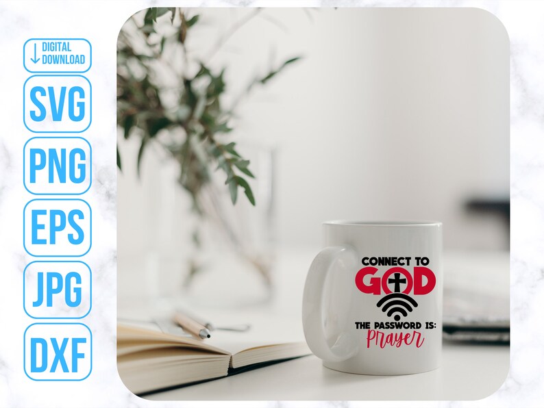 Puede incluir: Taza de cer&aacute;mica blanca con un dise&ntilde;o en negro y rojo que dice "Connect to God" con una cruz y un s&iacute;mbolo de wifi. El texto "The password is: Prayer" est&aacute; debajo del dise&ntilde;o.