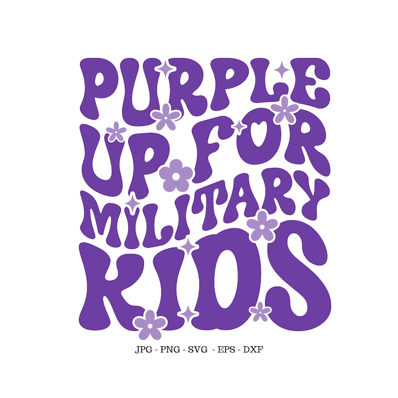 Może przedstawiać: Tekst "Purple Up For Military Kids" w fioletowym retro foncie z małymi fioletowymi kwiatami i gwiazdami rozrzuconymi po całym tekście.