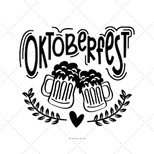 May include: Black and white illustration of two beer steins clinking together with the word "Oktoberfest" written in a stylized font above them.  The steins are surrounded by a wreath of leaves and a heart.