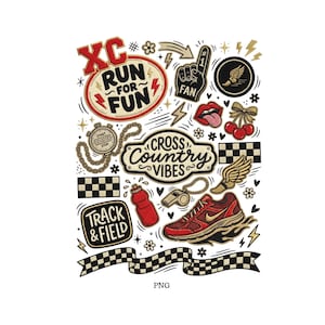 Puede incluir: Una colección de gráficos con temática de atletismo, que incluyen una zapatilla para correr roja y dorada, un cronómetro y texto que dice "Run for Fun" y "Track & Field". Otros gráficos incluyen una botella de agua, un silbato y un dedo de espuma.