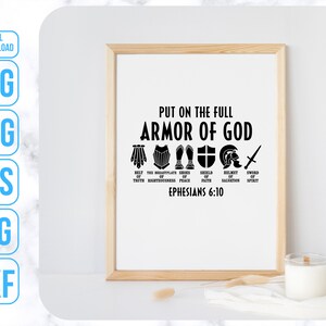 Puede incluir: Un dise&ntilde;o gr&aacute;fico en blanco y negro con el texto "Ponte la armadura completa de Dios" y una representaci&oacute;n visual de la armadura de Dios, que incluye un casco, un escudo, una espada y una coraza. Tambi&eacute;n se incluye el texto "Efesios 6:10".