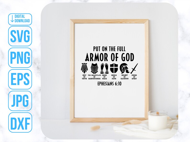 Puede incluir: Un dise&ntilde;o gr&aacute;fico en blanco y negro con el texto "Ponte la armadura completa de Dios" y una representaci&oacute;n visual de la armadura de Dios, que incluye un casco, un escudo, una espada y una coraza. Tambi&eacute;n se incluye el texto "Efesios 6:10".