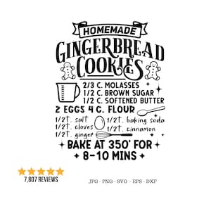 May include: Black and white printable recipe card for homemade gingerbread cookies. The recipe includes ingredients like molasses, brown sugar, softened butter, eggs, flour, salt, cloves, baking soda, cinnamon, and ginger. The recipe also includes baking instructions to bake at 350 degrees Fahrenheit for 8-10 minutes.