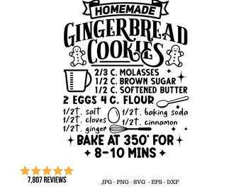 May include: Black and white printable recipe card for homemade gingerbread cookies. The recipe includes ingredients like molasses, brown sugar, softened butter, eggs, flour, salt, cloves, baking soda, cinnamon, and ginger. The recipe also includes baking instructions to bake at 350 degrees Fahrenheit for 8-10 minutes.