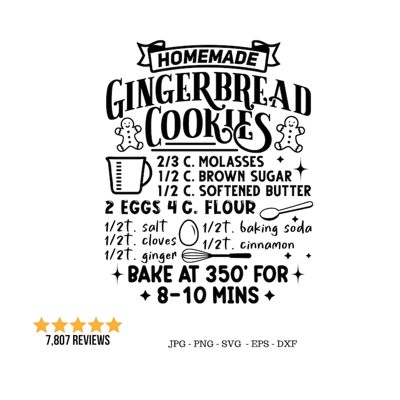May include: Black and white printable recipe card for homemade gingerbread cookies. The recipe includes ingredients like molasses, brown sugar, softened butter, eggs, flour, salt, cloves, baking soda, cinnamon, and ginger. The recipe also includes baking instructions to bake at 350 degrees Fahrenheit for 8-10 minutes.
