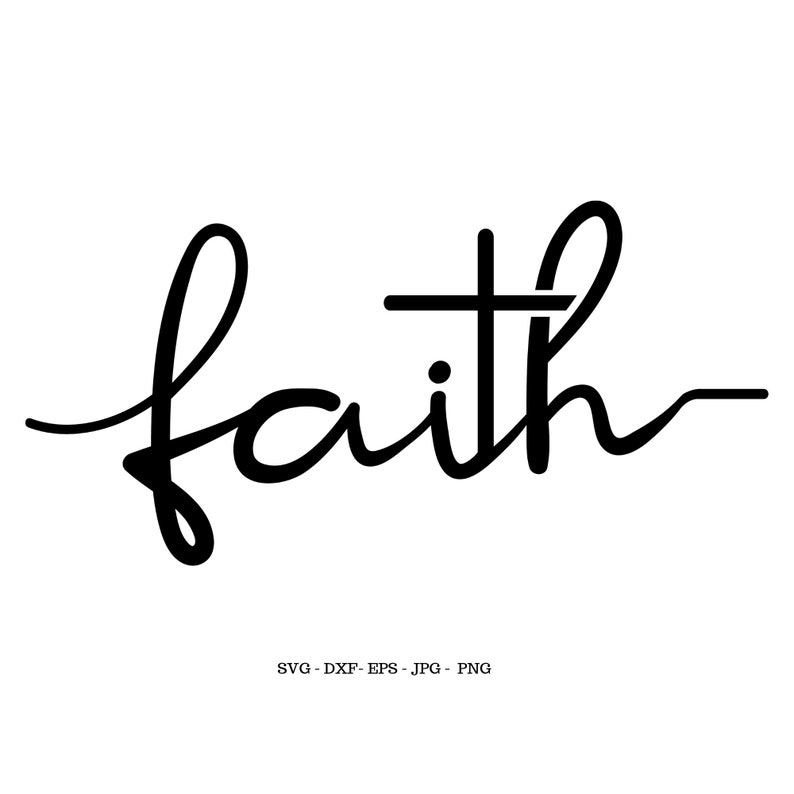 May include: Black and white cursive font design of the word "faith" with a cross incorporated into the letter "t".