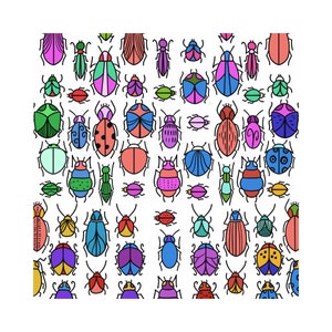 Puede incluir: Un patrón colorido de varios escarabajos con diferentes colores, formas y patrones. Los escarabajos están dispuestos en un patrón de cuadrícula y todos miran hacia adelante. El fondo es blanco.