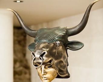 Animal Masquerade Mask, Ancient Greek Helmet, Greek Minotaurs Sclupture Bronze Verdigris Minotaur Bull Statute Masquerade Mask Festival Mask