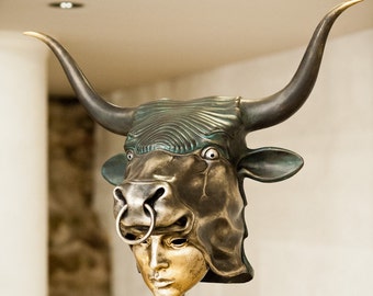 Verdigris Minotaur Mask: Ancient Greek Helmet Sculpture