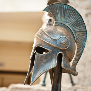 Greek Spartan Helmet Corinthian Armor Statue with Stand Polyresin Bro 16 Inch