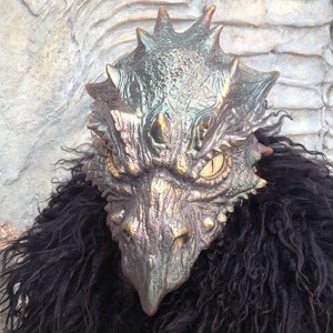 K&ouml;nnte beinhalten: Eine detaillierte, realistische Drachenmaske mit einer strukturierten, metallischen Oberfl&auml;che. Die Maske hat eine lange Schnauze, gro&szlig;e Augen und eine schuppige Textur. Die Maske wird &uuml;ber einem schwarzen, pelzigen Kleidungsst&uuml;ck getragen.