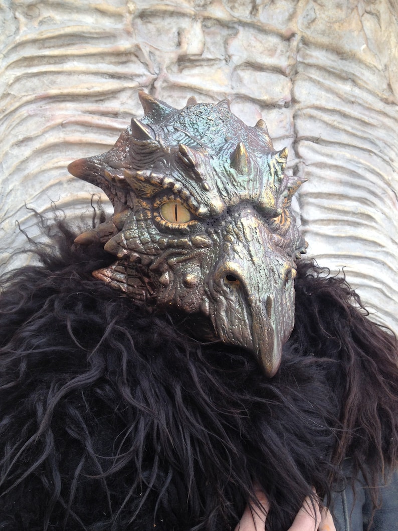 K&ouml;nnte beinhalten: Nahaufnahme einer Drachenmaske mit einer strukturierten, metallisch gr&uuml;nen und braunen Oberfl&auml;che. Die Maske hat einen gro&szlig;en, spitzen Schnabel und ein einzelnes goldenes Auge.