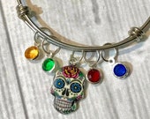Day of the Dead BRACELET, Dia de los Muertos Jewelry, Sugar Skull Bangle BRACELET, personalized with a Birthstone honoring each loved one.