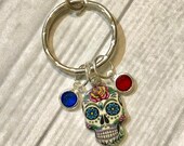 Day of the Dead KEYCHAIN, Dia de los Muertos Jewelry, Sugar Skull KEY CHAIN, personalized with a Birthstone honoring each loved one.