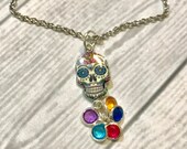 Day of the Dead NECKLACE, Dia de los Muertos Jewelry, Sugar Skull Bangle NECKLACE, personalized with a Birthstone honoring each loved one.
