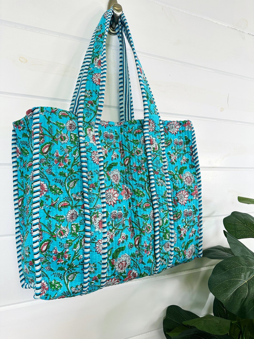 Quilted Cotton Tote Bag, Oversized Carryon Tote, Turquoise Floral Block