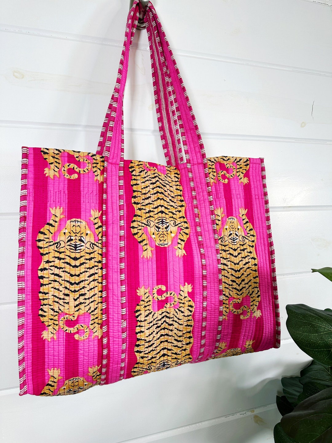 Quilted Cotton Tote Bag Hot Pink Tigers Handblock Printed Carryall
