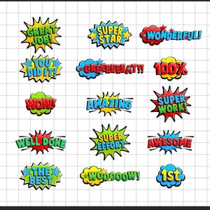 Reward Stickers Clipart Cricut Kids Children Comic Well Done Great Job Best 1st  Wow Super Star Amazing Best Super Hero  - DIGITAL DOWNLOAD