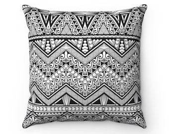 Hawaiian Poly Black And White Spun Polyester Square Pillow Samoan