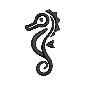 Puede incluir: Ilustración en blanco y negro de un caballito de mar. El caballito de mar está mirando hacia el lado derecho de la imagen. El caballito de mar tiene una cola larga y curvada y una cabeza pequeña y puntiaguda.