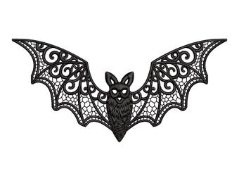 May include: Black embroidered bat with openwork wings. The bat's wings feature intricate, swirling patterns, and the body has a textured appearance. The design is suitable for Halloween or gothic-themed crafts.