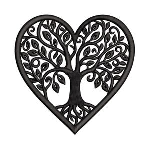 May include: Black embroidered design of a tree within a heart shape. The tree has detailed branches and leaves, with roots at the base. The heart outline is also black, creating a symmetrical and decorative image.