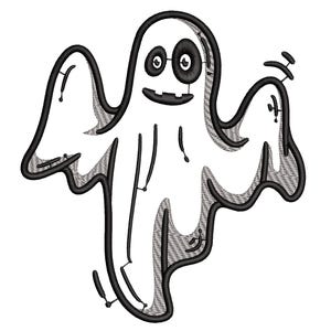 May include: A white ghost design with black outline and details. The ghost has large, round eyes, a small mouth, and outstretched arms. The design is likely for Halloween or spooky-themed crafts.