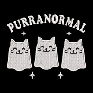May include: Black background with the white text "PURRANORMAL" above three smiling cat ghost figures. Each ghost cat has a smiling face and whiskers. Four white star shapes are also in the image.