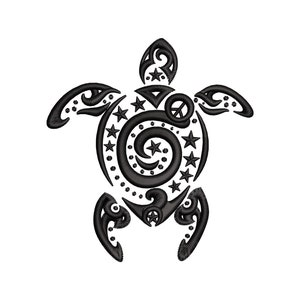 May include: Black and white stylized illustration of a turtle with a spiral design in the center of its shell. The spiral is surrounded by stars and a peace sign.