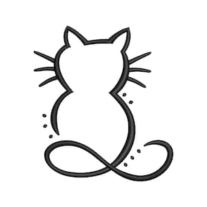 Op de afbeelding: Een zwarte lijntekening van een kat die zit met zijn staart om zijn lichaam gekruld. De kat heeft een eenvoudig ontwerp met een rond hoofd en oren, en een lange, vloeiende staart.