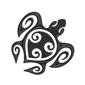 May include: Black and white stylized illustration of a sea turtle with a swirling pattern. The turtle is facing right and has a simple, geometric design.