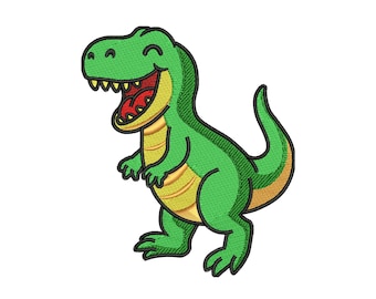 May include: A green cartoon dinosaur with a wide open mouth, smiling and showing its teeth. The dinosaur has a yellow belly and a long tail.