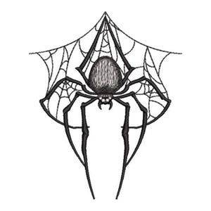 May include: Black and white line art illustration of a spider in a web. The spider has eight legs and a round body. The web is a simple design with radial lines.