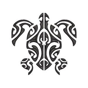 May include: Black and white tribal turtle design. The turtle is depicted in a stylized, symmetrical pattern with curved lines and shapes. The design is centered on a white background, creating a striking contrast.