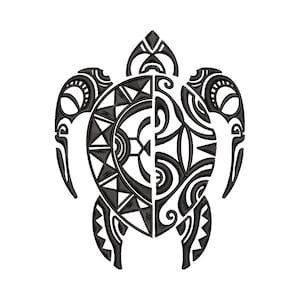 Peut inclure: Illustration stylisée en noir et blanc d'une tortue avec un motif géométrique sur sa carapace. La tortue est de face, la tête levée.