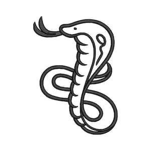 May include: Black and white embroidered cobra design. The snake is depicted in a stylized, curved pose with its tongue extended. The design features detailed stitching, creating a textured appearance. The cobra's hood is raised, and the overall design is set against a white background.
