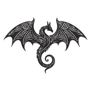 May include: Black dragon design with intricate wing patterns and a curled tail. The dragon has a detailed body and head, with a stylized, symmetrical design. The wings feature geometric shapes and lines, creating a bold, graphic image.