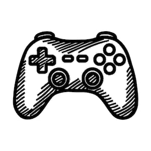 May include: Black and white illustration of a video game controller. The controller features a directional pad, buttons, and analog sticks. The design is a hand-drawn style, with visible cross-hatching.
