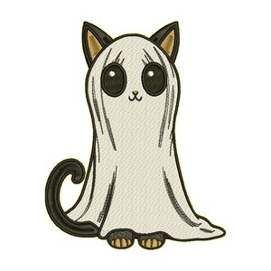 May include: An embroidered design of a cat in a ghost costume. The cat has large, round eyes and a small nose. The ghost costume is white, and the cat's ears, tail, and paws are black and tan. A Halloween theme.