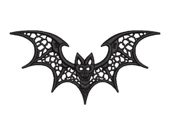 May include: A black embroidered bat with intricate openwork wings and a detailed face. The bat's wings are spread wide, and the design is centered on a white background. This decorative element is perfect for Halloween or gothic-themed crafts.