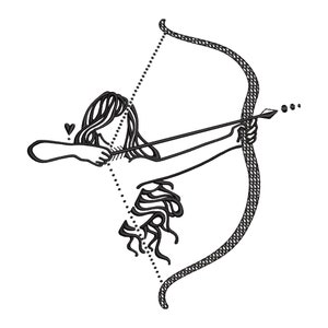 May include: A black and white line drawing of a woman with long hair holding a bow and arrow. She is aiming the arrow to the right. The arrow is pointed and has a fletching on the end. The woman is wearing a simple dress. The drawing is stylized and has a whimsical feel.