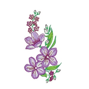 May include: Embroidered floral design featuring three large lavender flowers with white centers and dark purple outlines. The design includes smaller burgundy flowers, green leaves, and white buds, all on a white background. This floral design is suitable for embroidery projects.