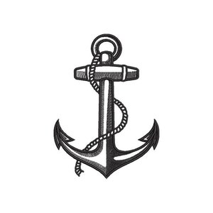 May include: A black and white anchor with a rope wrapped around the top. The anchor is a nautical symbol of hope and stability.