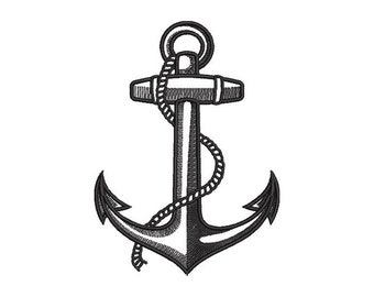 May include: A black and white anchor with a rope wrapped around the top. The anchor is a nautical symbol of hope and stability.